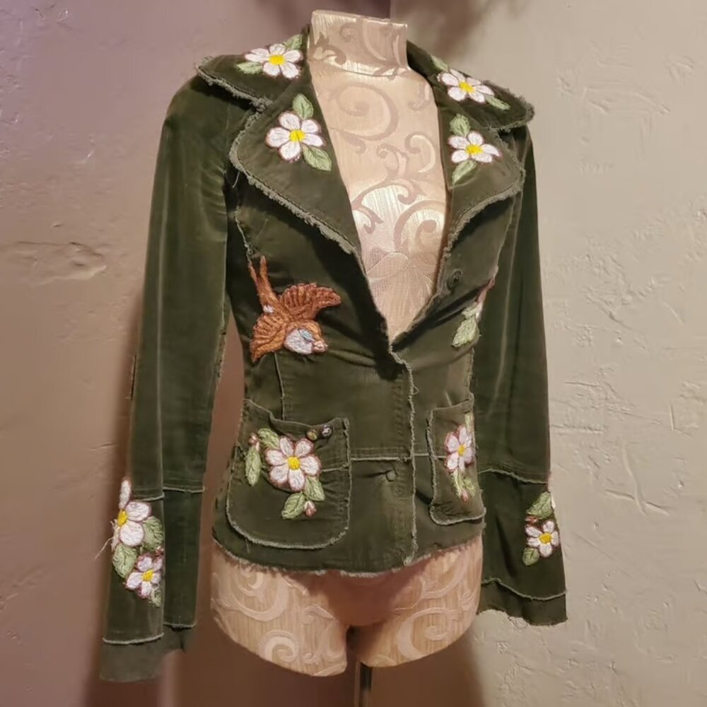 Joystick Hand-Embroidered Velvet Jacket — Size Small, Olive Green Boho Blazer